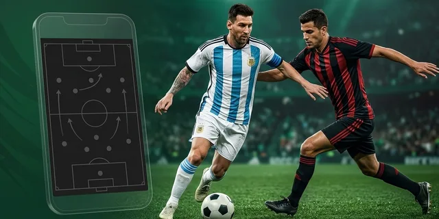 Dos jugadores disputando una pelota de fútbol, con una pizarra táctica en un celular